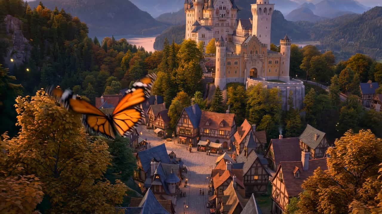 Still from David Berman's animation work — a monarch butterfly over a storybook castle village
