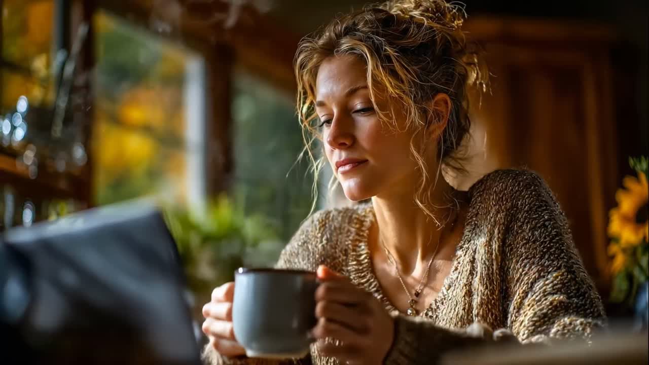 Hyper-realistic AI-generated still — a woman with a coffee mug in warm window light