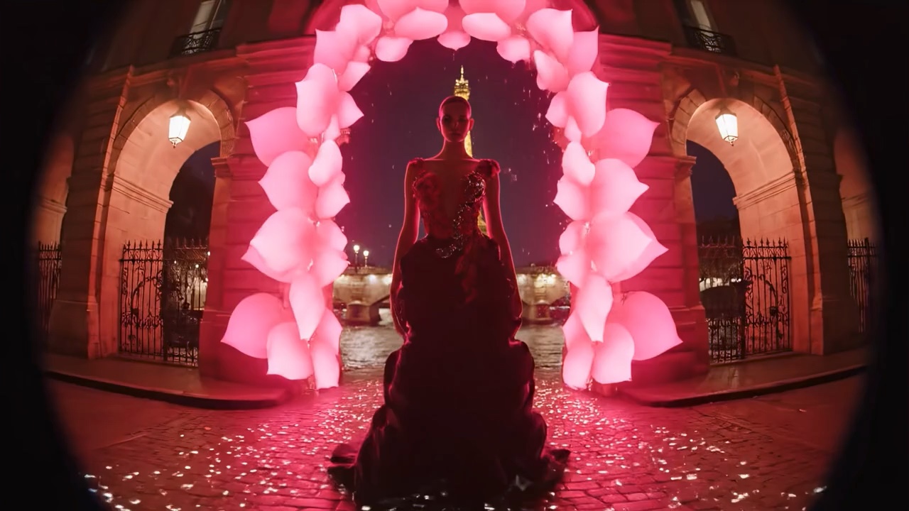 AI-generated night fashion scene under an arch of illuminated petals in Paris