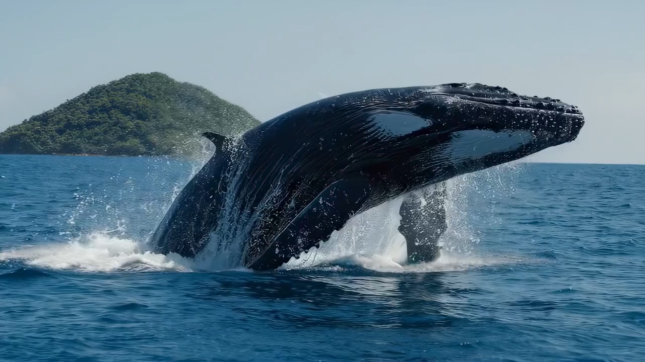 AI-generated humpback whale breaching off a tropical island